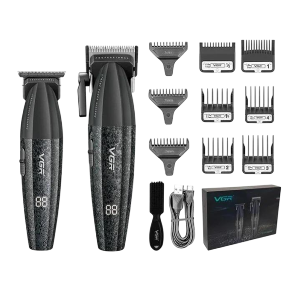 Combo Barber VGR V640 Black Clipper + Trimmer - Kit Profesional Negro