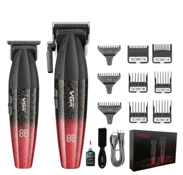 Combo Barber VGR V640 Red Clipper + Trimmer - Kit Profesional Rojo
